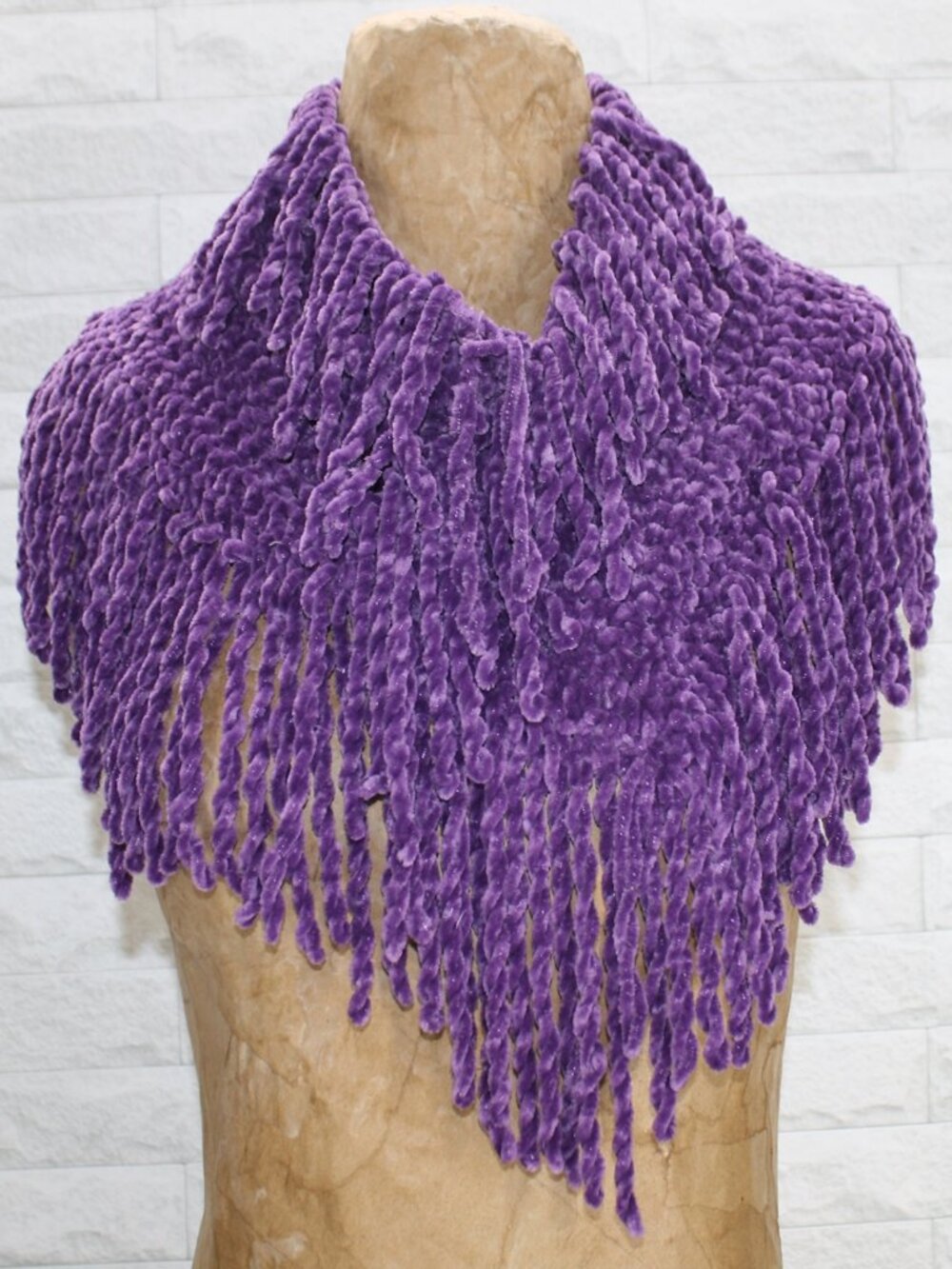 HAND CRAFTED Scarf Infinity Shawl Chenille Turtleneck Fringe Oversized Purple